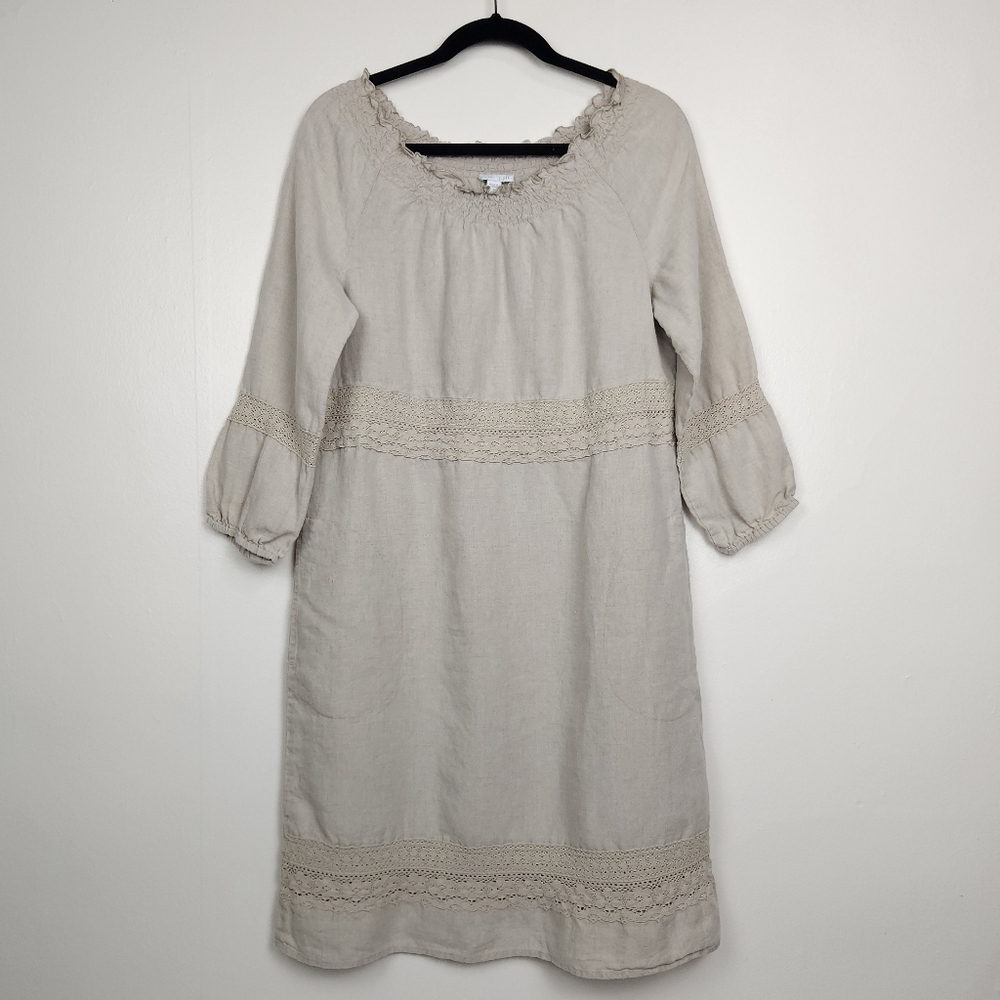 J. Jill Linen Neutral Oatmeal Baloon Sleeve Boho Dress